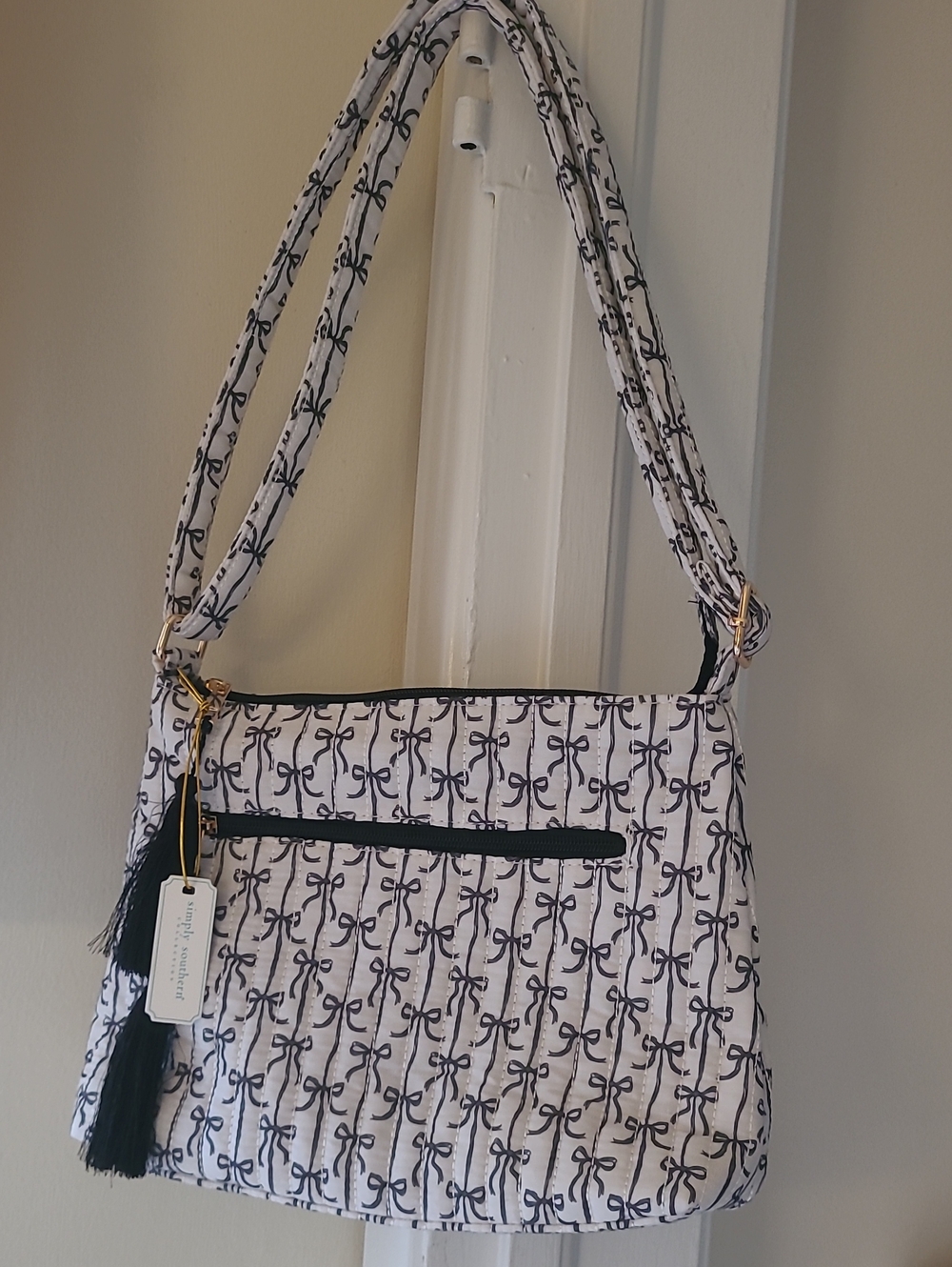 Simply Southern White and Black Bow-Print  Quilted Crossbody Bag